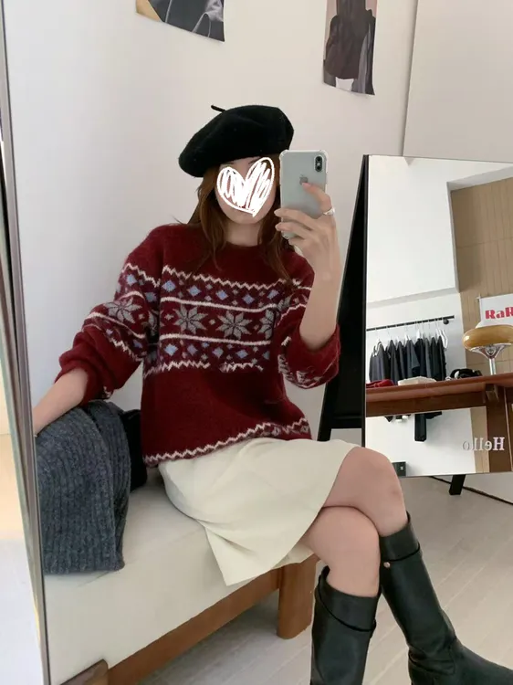 XUANYAN瑄颜秋冬韩系加厚提花慵懒风圆领宽松毛衣打底衫上衣9133