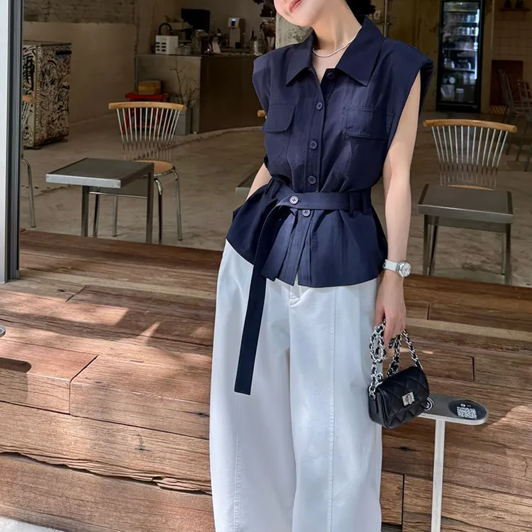 藏青色翻领收腰衬衫女2025夏季韩系纽扣腰带无袖飞飞袖上衣