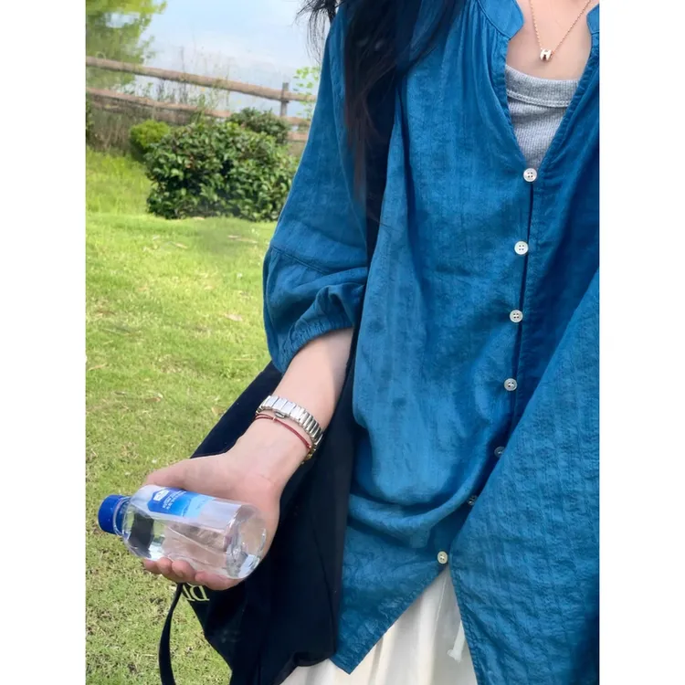 显白克莱因蓝～慵懒风蓝色亚麻衬衫女宽松防晒衬衣7分中式白衬衣