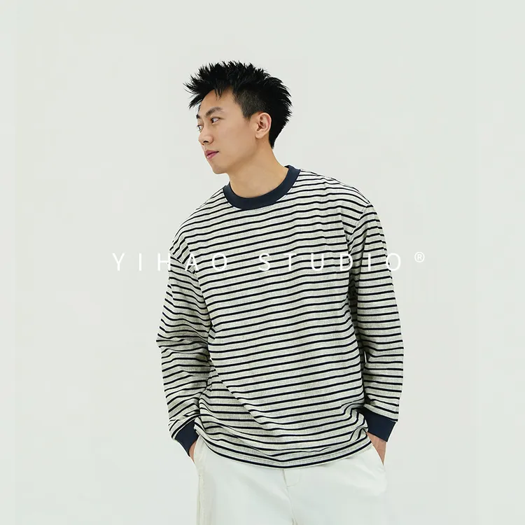 YIHAO STUDIO秋季男款宽松高级简约条纹卫衣休闲长袖圆领内搭长T