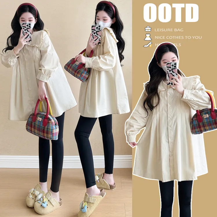 孕妇装秋装2025新款秋冬洋气宽松长袖中长款衬衫娃娃衫时尚上衣女