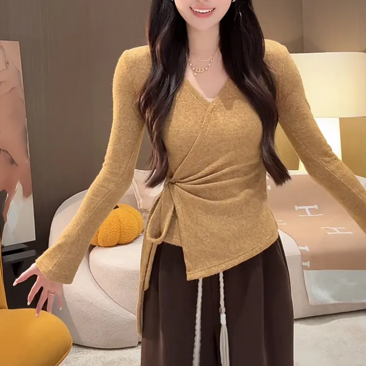 气质优雅不规则系带长袖打底上衣女2025新款秋冬时尚修身显瘦T恤