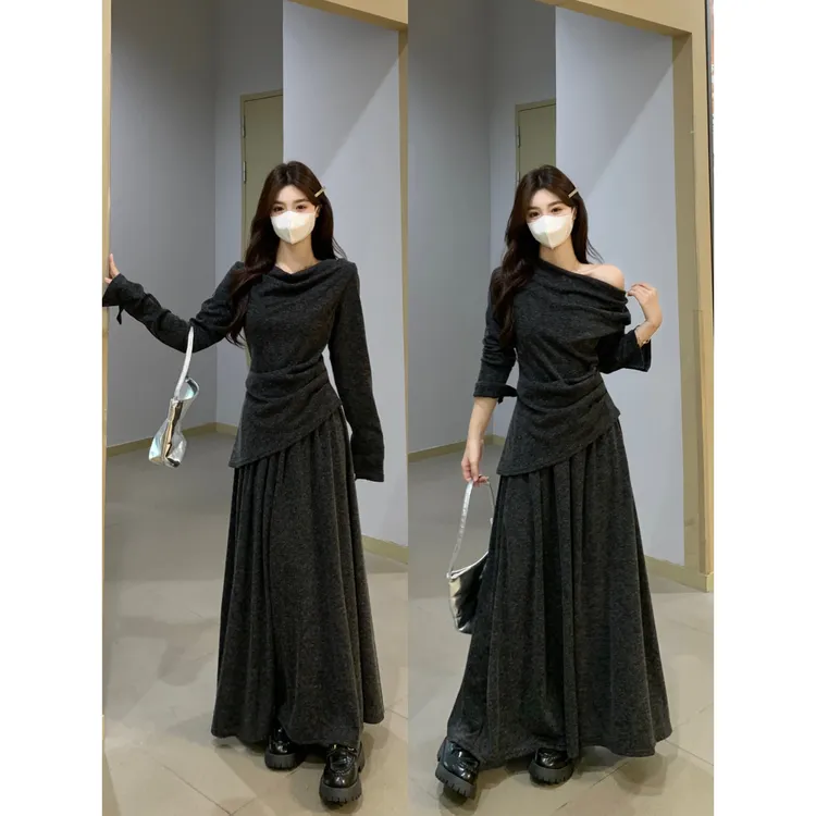 MO88ZSPF2025秋季纯色时尚荡领不规则长袖上衣+半身裙两件套女