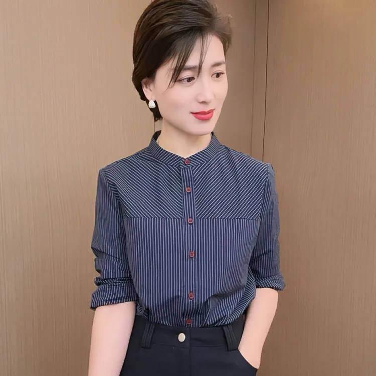 柏澜慧琳【条纹衬衫】秋季新款高级感条纹立领衬衫女士减龄叠穿内搭