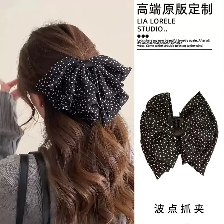 法式波点蝴蝶结氛围感抓夹小号半扎发气质马尾鲨鱼夹发夹发抓发饰