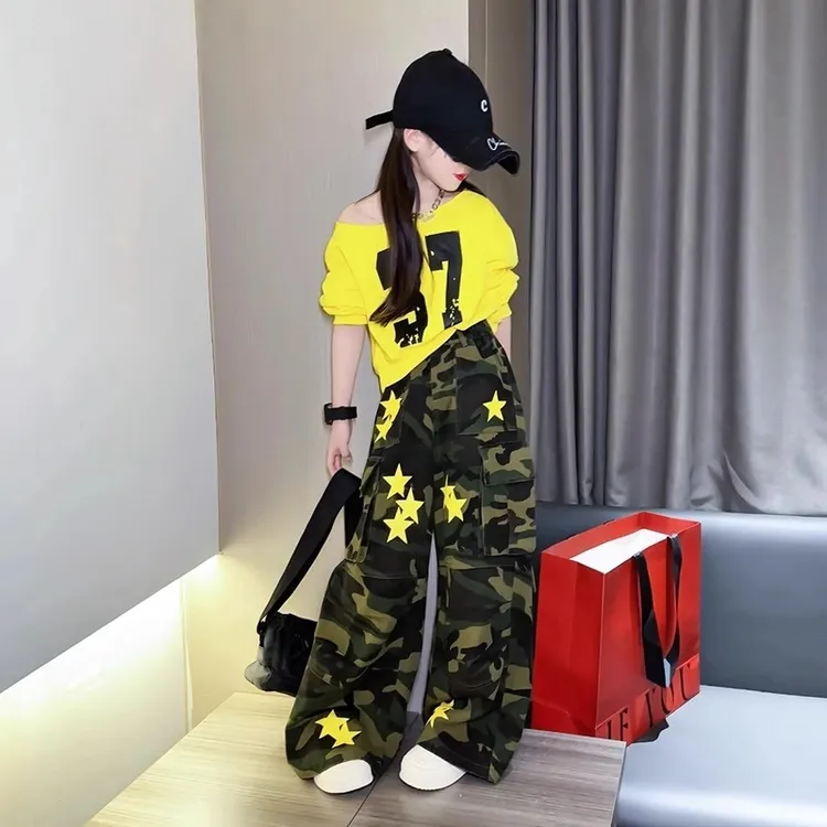 女童春款套装2025新款斜肩卫衣复古工装迷彩阔腿裤洋气女孩两件套