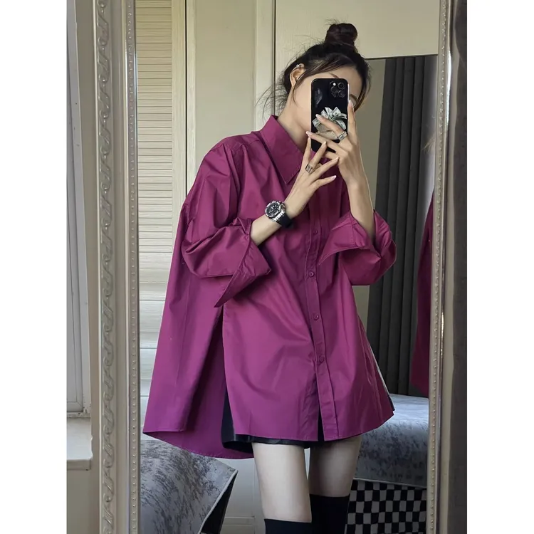 高级感玫红色休闲长袖衬衫女高级设计感叠穿小众中长款外套上衣