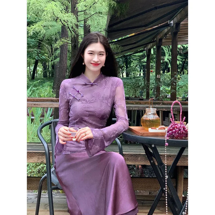凌茜恣禾【盼愿】国风新中式紫色棕色印花上衣粉色绛紫缎面半裙旗袍