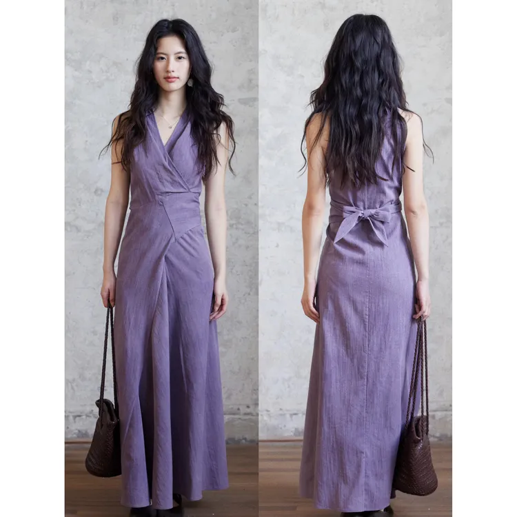 2025御姐风高级感紫色v领无袖背心连衣裙小众不撞款长裙2025夏