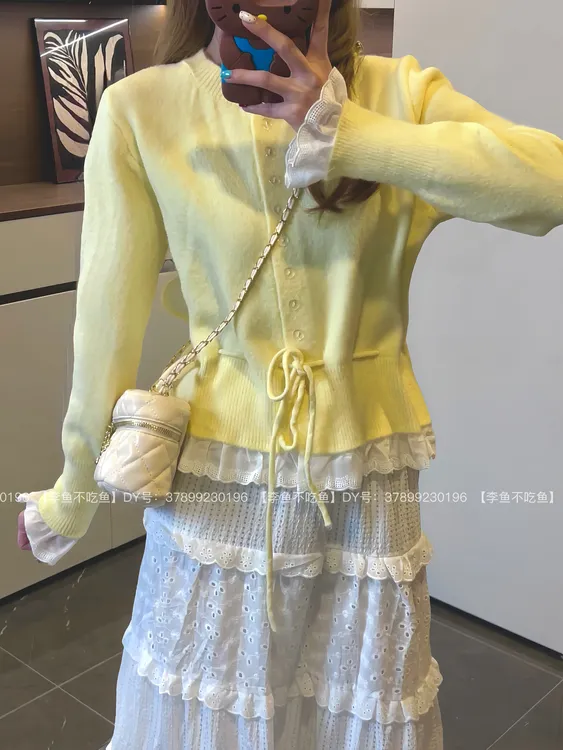 芭蕾少女新年红色针织衫毛衣冬季甜美设计感荷叶边系带针织衫