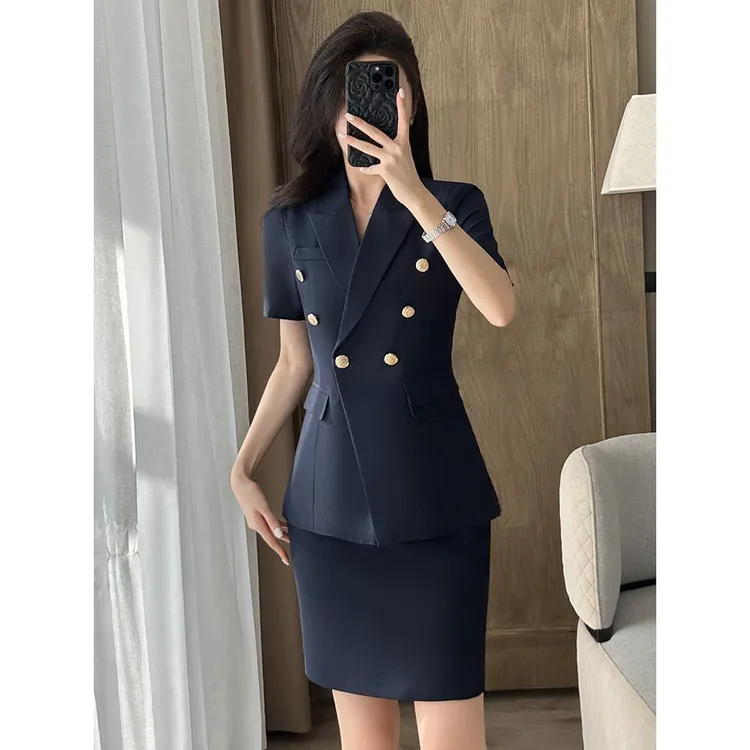 藏青短袖职业西装套装女夏季薄款面试正装出席正式场合女士服装