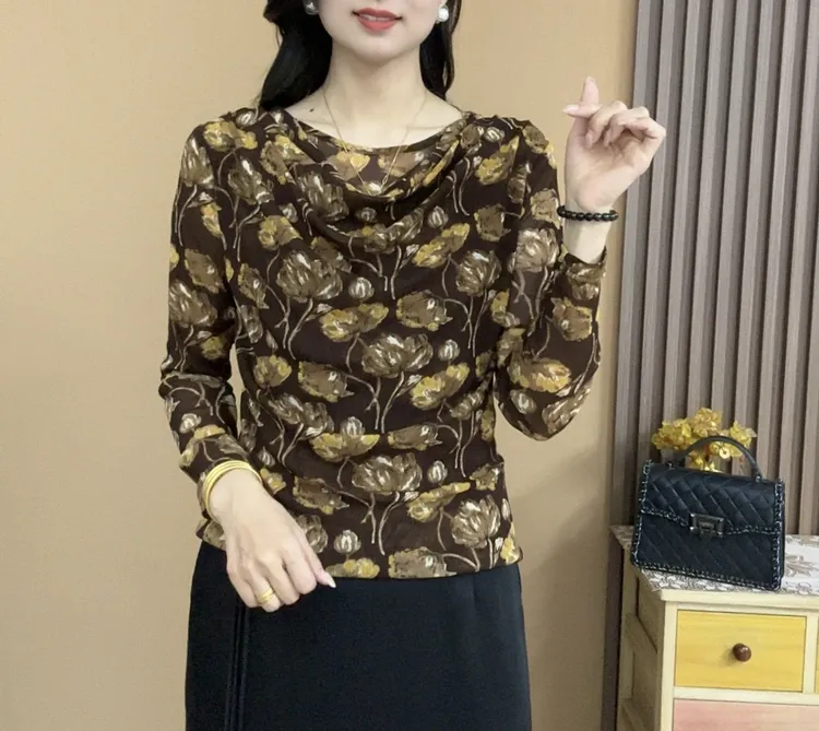 2025早秋新款中袖网纱时尚气质显瘦洋气堆堆领纯色上衣小衫25808