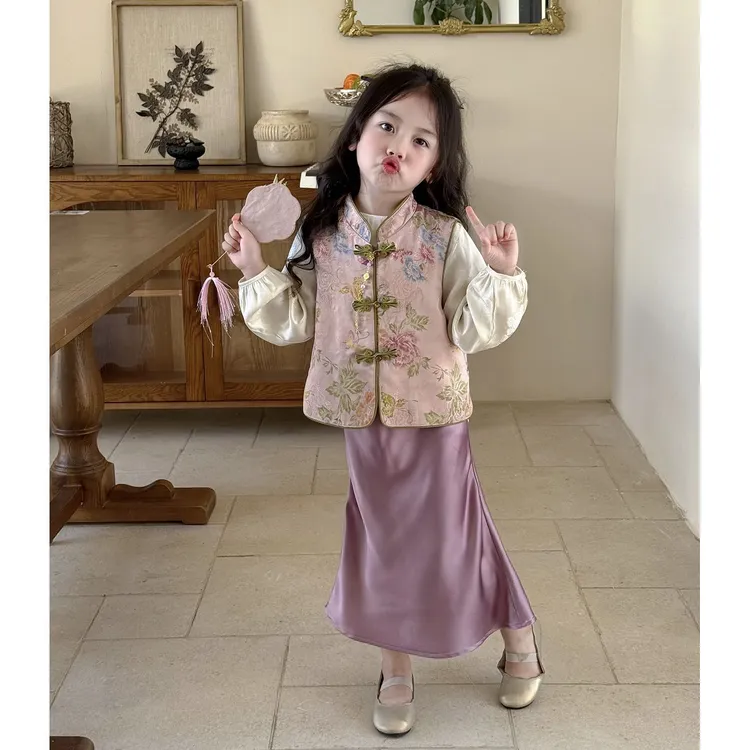 汉服女童国风新中式套装儿童旗袍唐装马甲秋装周岁女宝宝礼服