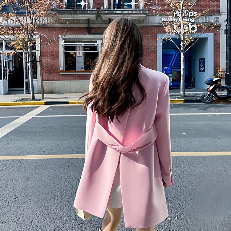 粉色西装外套女2025春秋新款韩版宽松设计感开叉气质休闲西服上衣