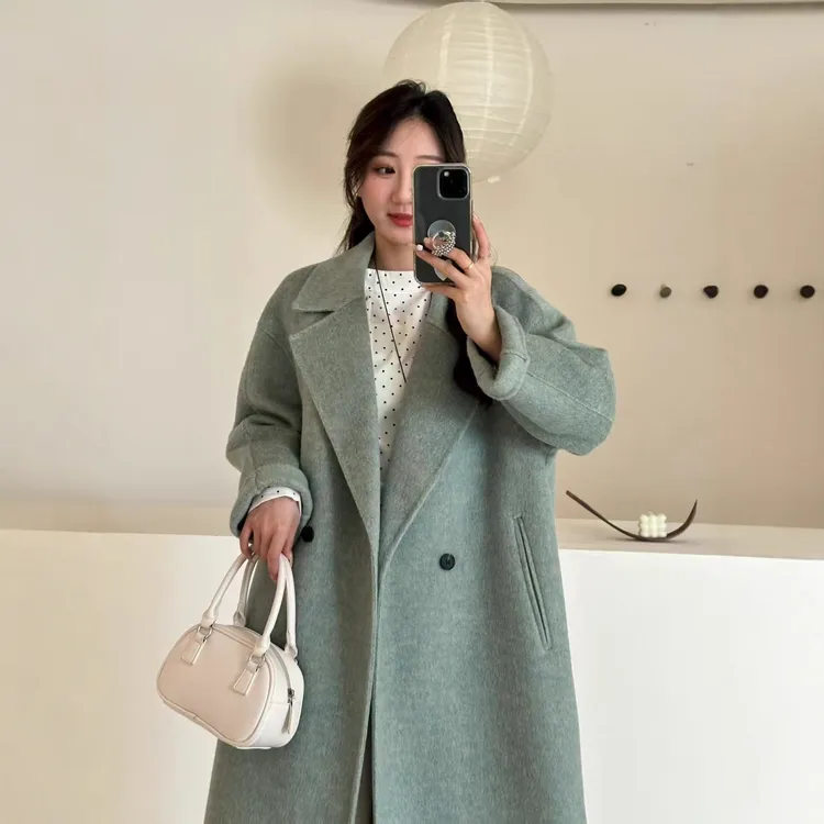 秋冬季时尚法式慵懒风双排扣翻领宽松廓形双长款羊毛大衣0248