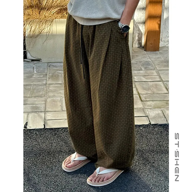 【ST·Shen】夏季老钱风纯棉麻感双褶定制色织格纹小弯刀阔腿裤2176