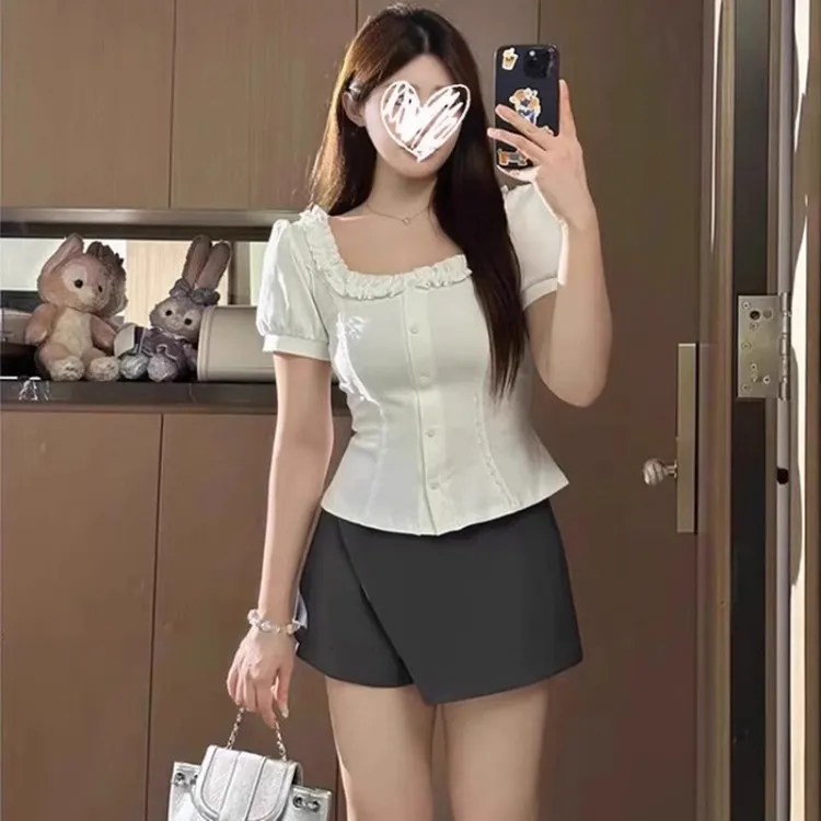 大码法式短袖衬衫女夏季新款高级感休闲白色衬衣胖mm遮肉显瘦上衣