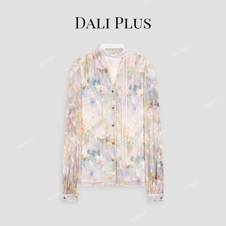 DALI PLUS油画风梦幻设计款V领+刺绣蕾丝飘带浪漫衬衫-D5SS7029