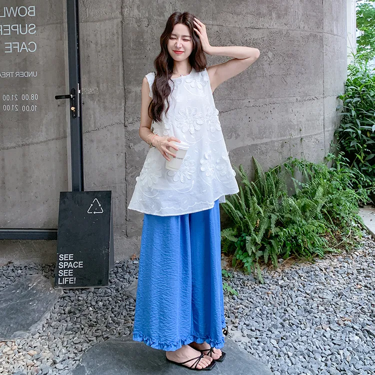 2025夏新款时尚百搭圆领宽松花朵无袖背心女上衣休闲阔腿裤两件套