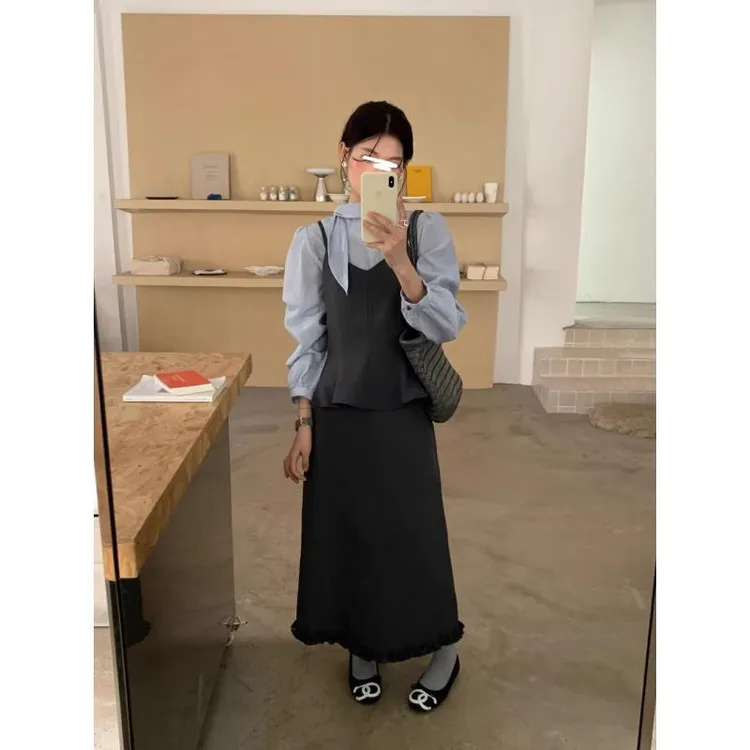 极简风入秋穿搭气质高级感套装荷叶边吊带上衣两件套女秋季半身裙