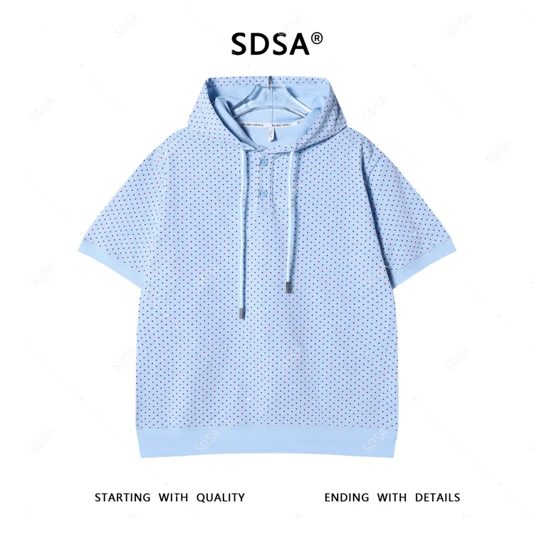 SDSA夏季新款男士痞帅撞色波点半纽扣连帽短袖T恤百搭时尚韩系