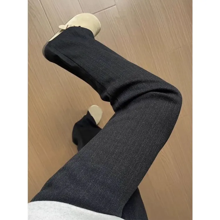 黑色人字纹毛呢阔腿裤男女秋冬美式cleanfit直筒裤子运动休闲长裤