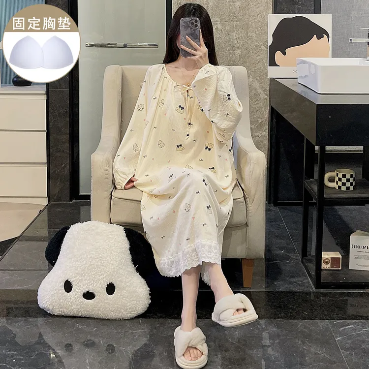 带胸垫睡裙女可爱狗狗长袖睡衣宽松日系ins甜美休闲家居服连衣裙