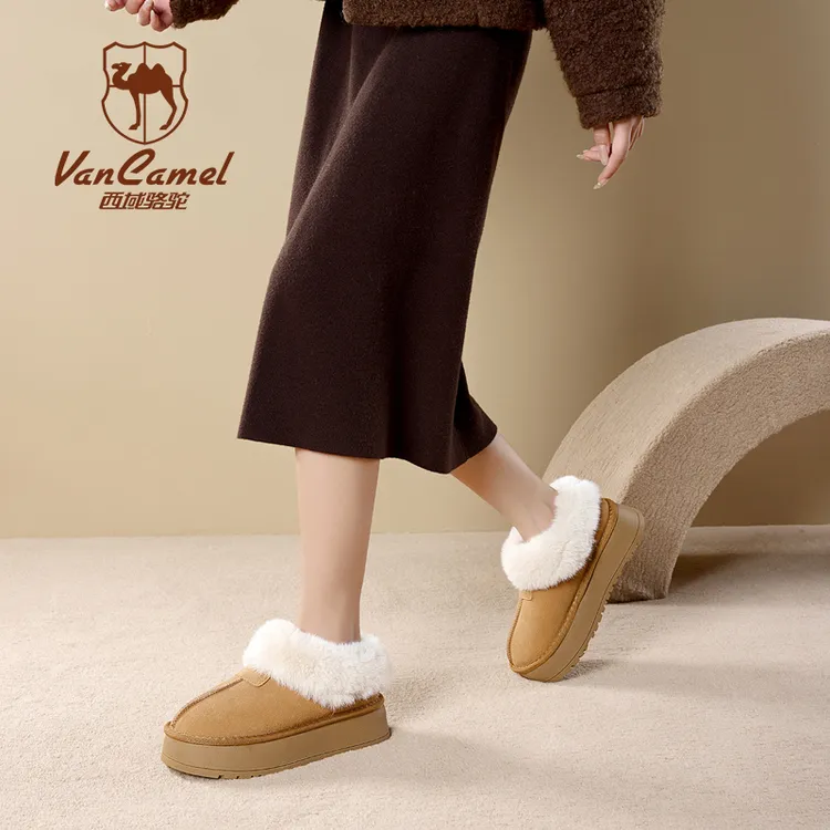 VANCAMEL/西域骆驼低跟套筒防水冬季保暖时尚雪地靴短靴加厚毛绒