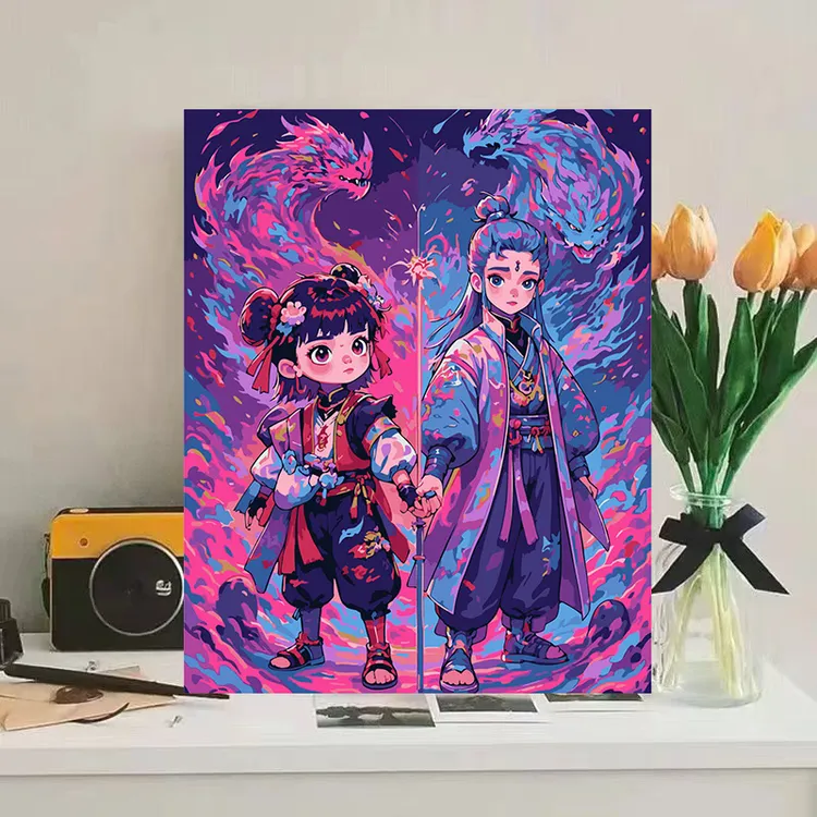 哪吒敖丙闹海卡通diy手工填色治愈解压高颜值新款客厅装饰画