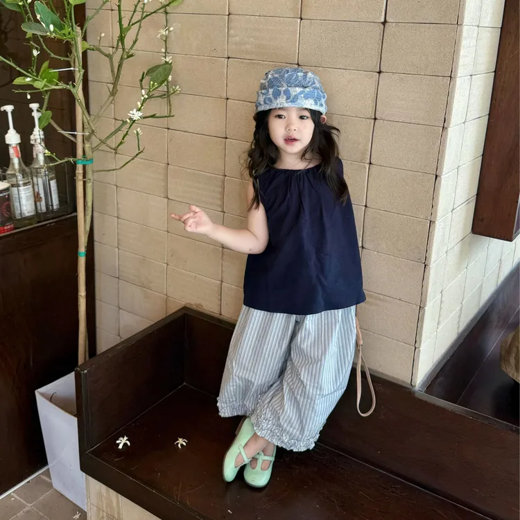 小惜亦夏季韩版童装女童无袖上衣条纹花边裤子洋气时髦宝宝套装