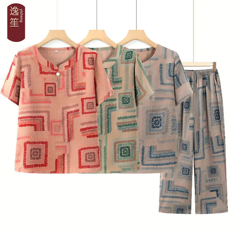 夏季中老年女装短袖套装休闲宽松妈妈装夏天薄款奶奶装老人衣服