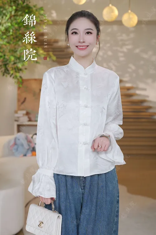锦丝院【白玉】秋款一百桑蚕丝新中式百搭时尚衬衫上衣SYQ67183522