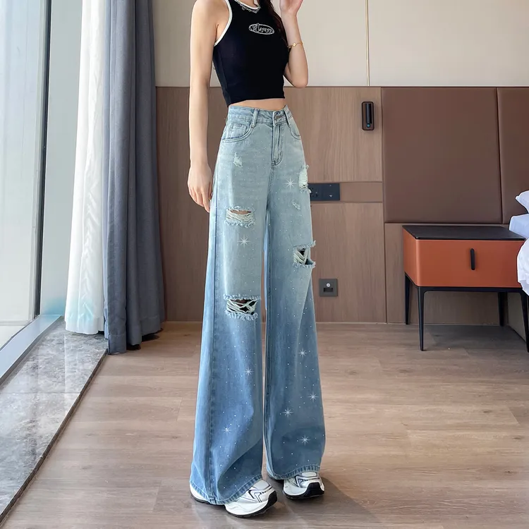 烫钻满天星阔腿牛仔裤女2025年夏季薄款高腰显瘦破洞拖地裤堆堆裤