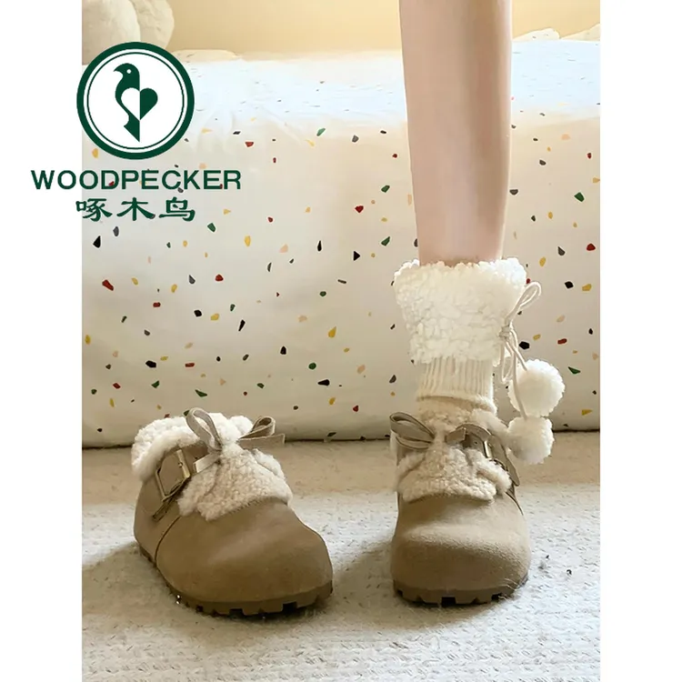 啄木鸟软底勃肯鞋女2025新款冬季加绒雪地靴复古博肯单鞋保暖棉鞋