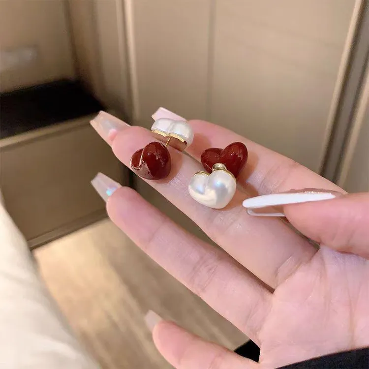 铜合金锆石耳饰 红双拼色爱心耳环时尚百搭一款两戴高级感气质甜