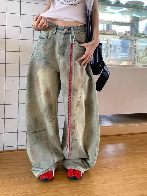 【现货】设计感废土泥染做脏弯刀牛仔裤男女同款情侣宽松阔腿裤子