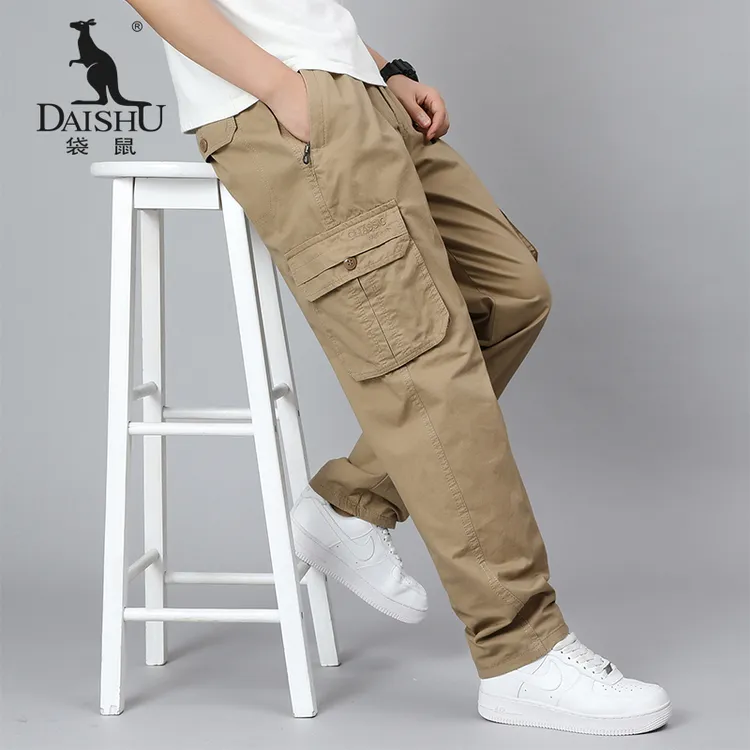 袋鼠男士纯棉工装裤子春秋季多口袋宽松直筒休闲裤中年加大码长裤