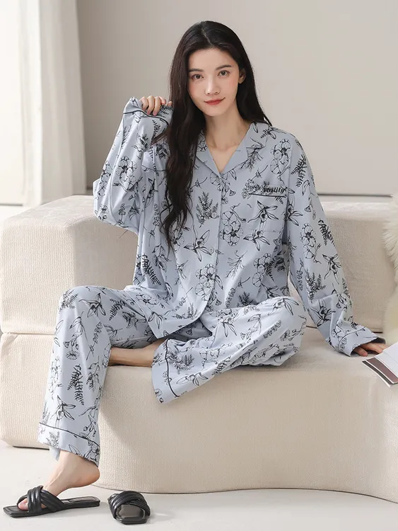 2025新款春秋季纯棉睡衣女开衫长袖长裤宽松简约家居服套装可外穿