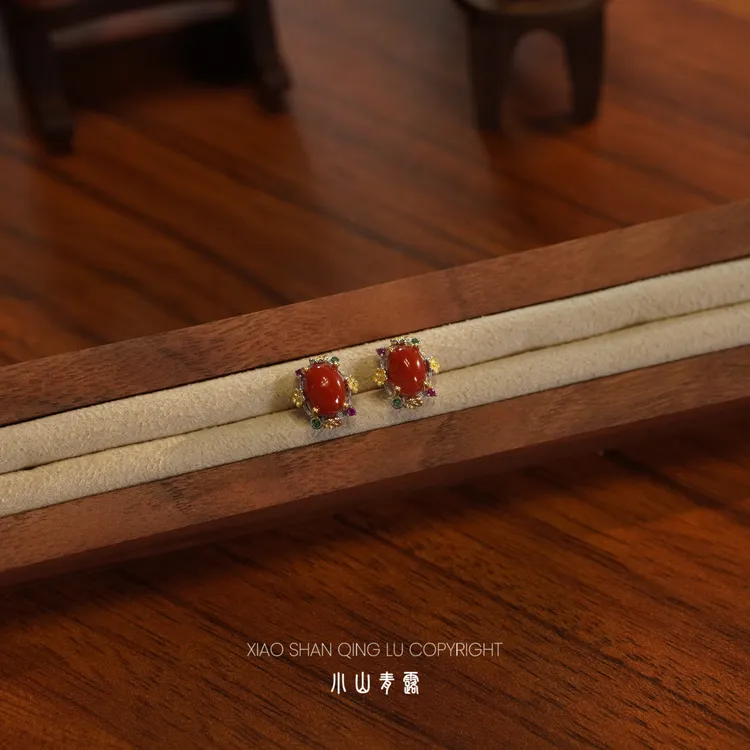 【JYY1185】南红简约蛋面耳钉S925银镀金镶嵌