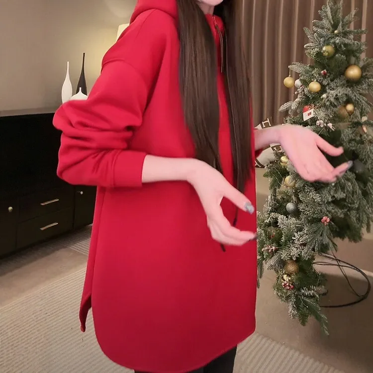 【挪威星空】冬季新款时尚慵懒风红色加绒半拉链连帽卫衣-欧韩穿搭