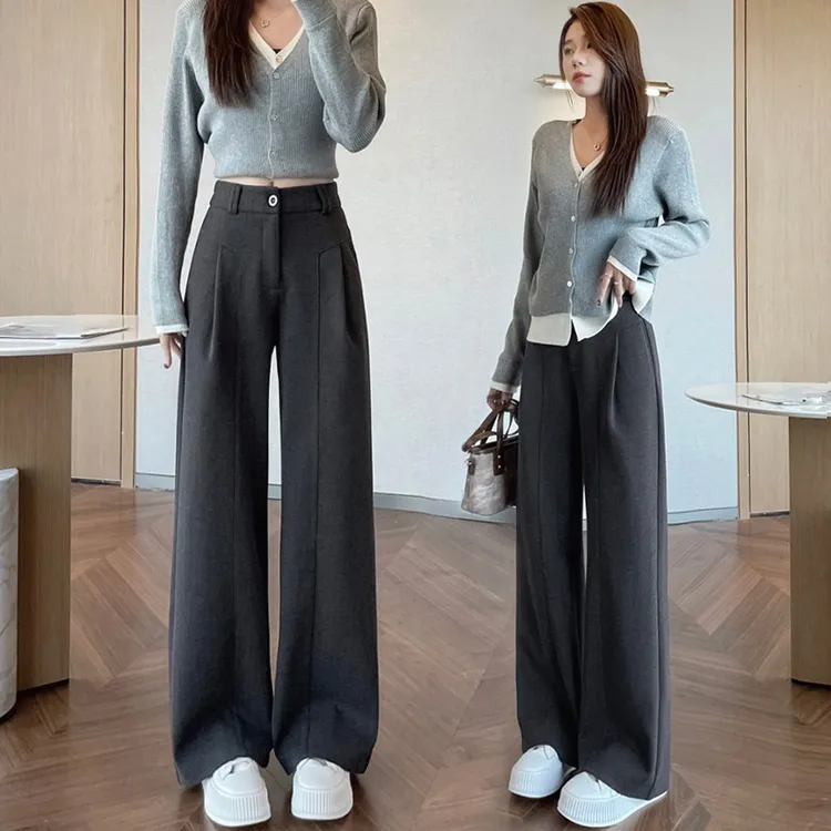 纯色毛呢窄版阔腿裤女秋冬加绒新款小个子高腰显瘦微弹休闲直筒裤