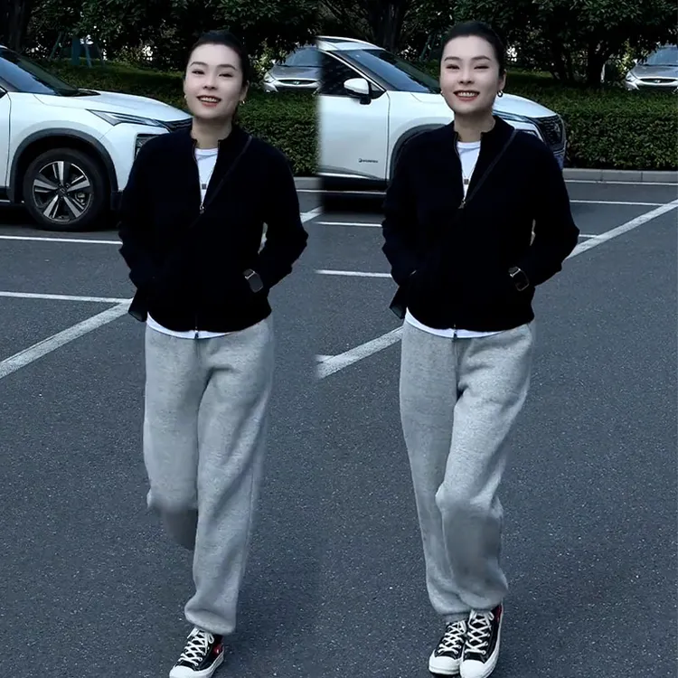 秋季2025新款设计感气质百搭时尚圆领长袖外套女休闲阔腿裤两件套