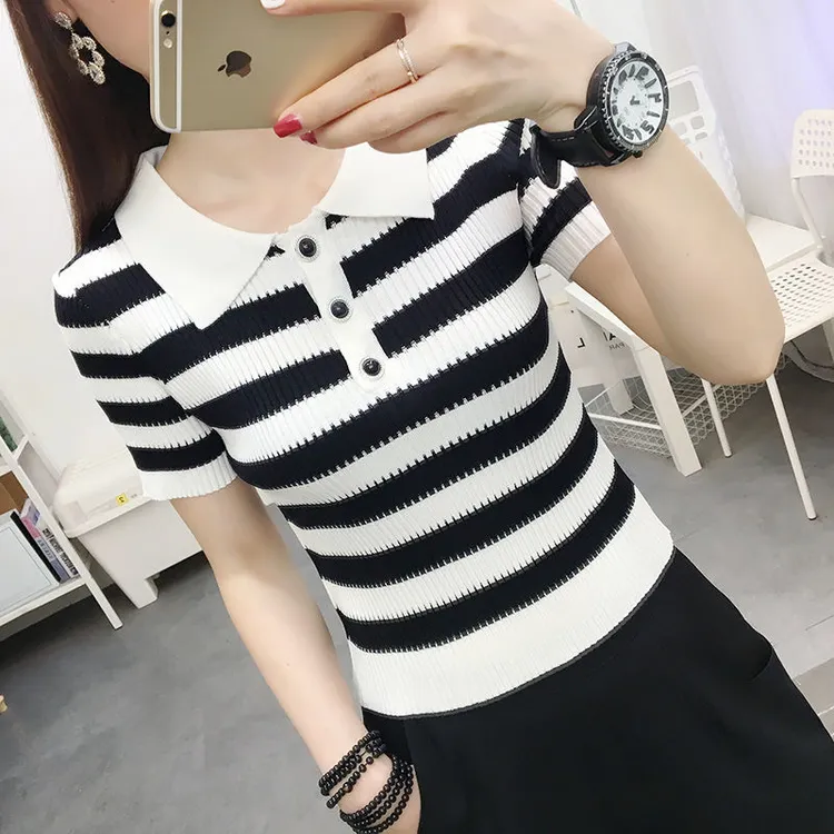 短袖t恤女装2023新款洋气娃娃领针织短款上衣女春秋季冰丝打底体