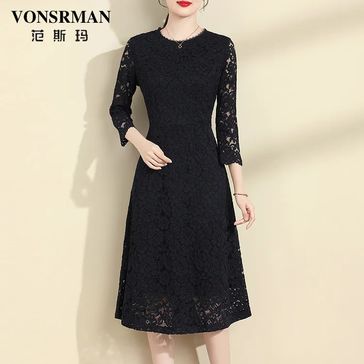 VONSRMAN设计感蕾丝连衣裙女春季2025年时尚修身收腰百搭A字打底