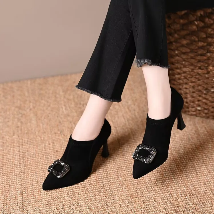 黑色细跟高跟鞋职业洋气鞋子气质尖头深口方扣时尚百搭舒适女单鞋