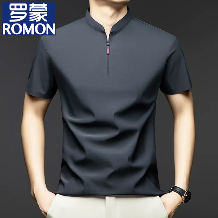 罗蒙男士短袖t恤夏季锦氨薄款冰丝半拉链立领免烫汗衫男休闲小衫