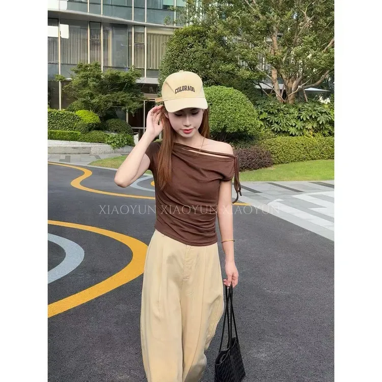 飘带斜角T 小允姐姐2025新款时尚气质高级飘带斜角T恤上衣