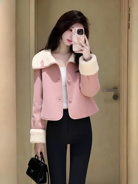 皮毛一体粉色毛茸茸短外套女冬时髦洋气高级感超好看减龄气质上衣