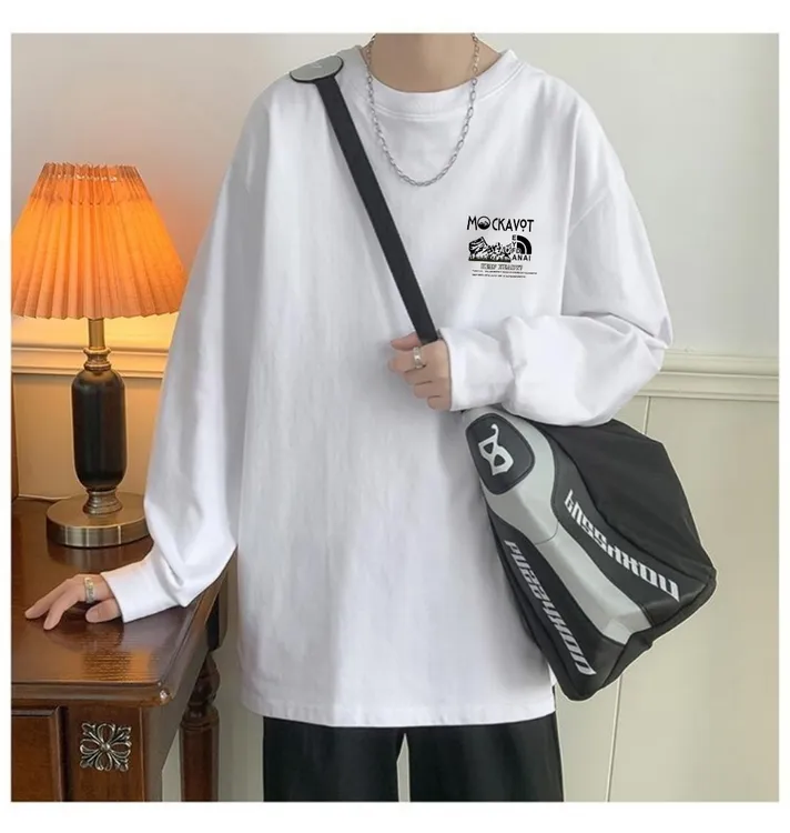 港风长袖t恤男春秋2025新款青少年百搭潮流宽松休闲重磅纯棉体恤