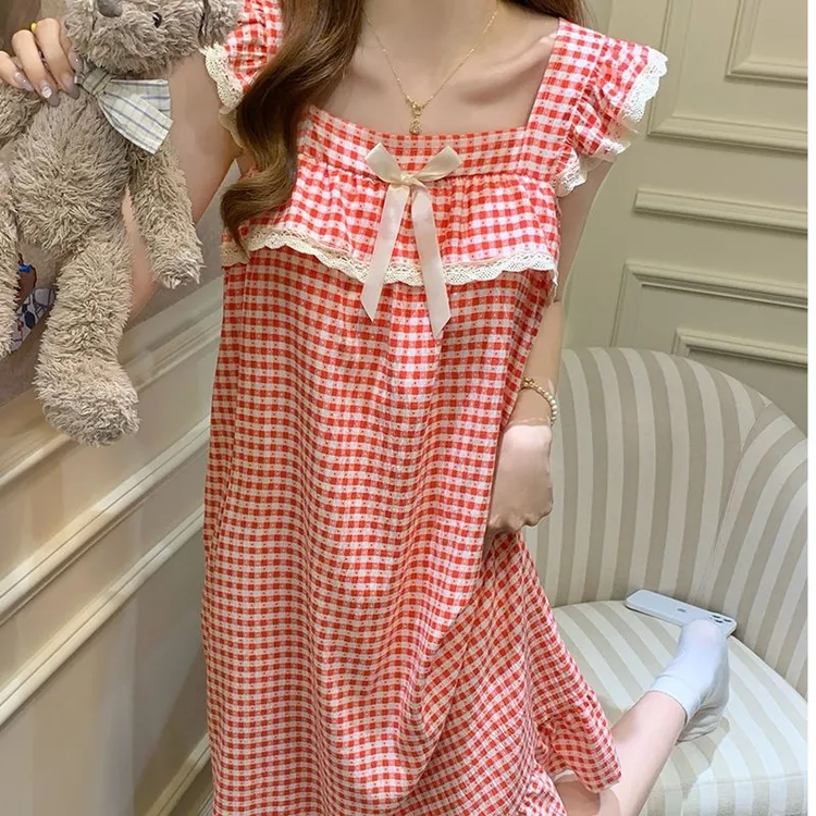 夏季吊带胸垫睡裙睡衣经典黑格 红格子新款中长款甜美少女家居服